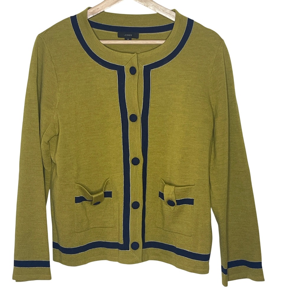 J.‎ Crew Cardigan Sweater Mustard Yellow  Navy Trim Bow Pockets Button Up M